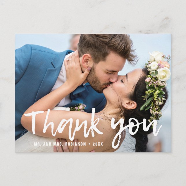 Fotos mit gebürsteter Hand Hochzeitsnotiz Danke Postkarte (Vorderseite)