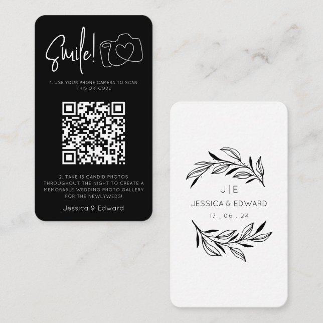 Fotos QR Code Black Chic Moderne Hochzeit Platzkarte (Vorne/Hinten)