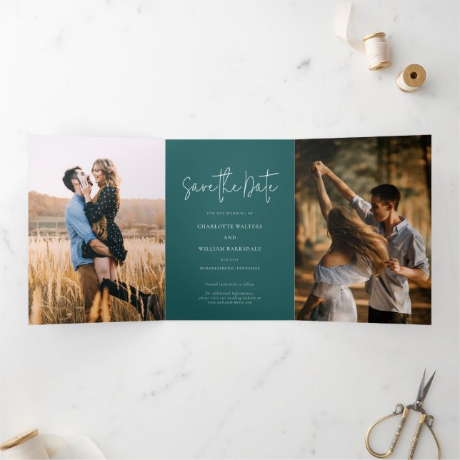 Fotos Script Moderne Hochzeit speichern die Datums Dreifach Gefaltete Einladung (Innenseite)