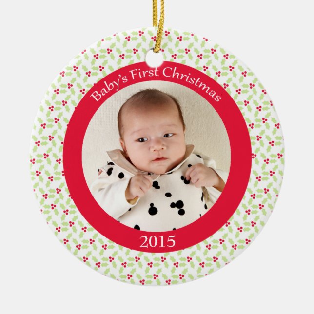 Fotoverzierung des Stechpalmenbeerenbabys erste Keramikornament (Vorne)