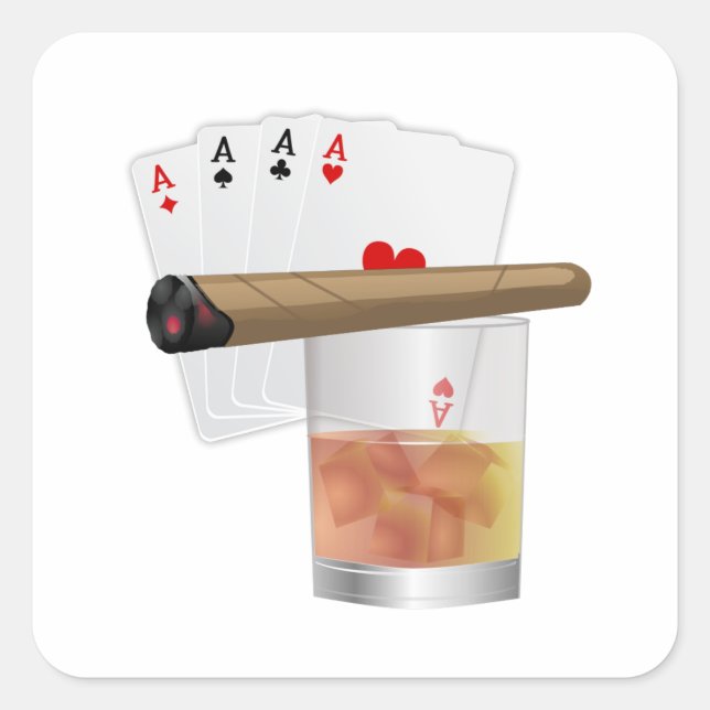 Four Aces, A Drink and Cigar Quadratischer Aufkleber (Vorderseite)