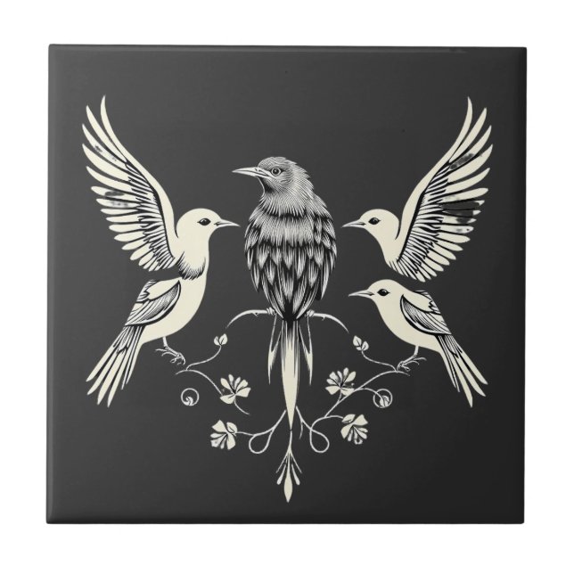 Four Birds on a Branch Illustration Fliese (Vorderseite)