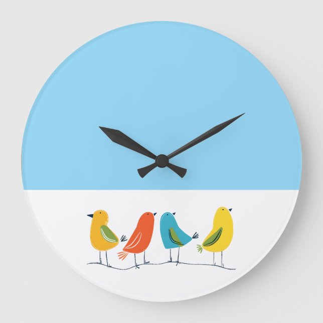 Four Birds Perched on a Twig Große Wanduhr (Vorderseite)