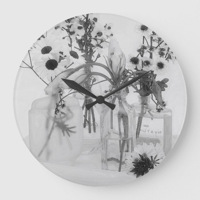 Four Bottles And White Flowers Große Wanduhr (Vorderseite)