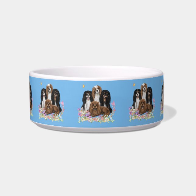 Four Cavalier King Charles Spaniels in Blume    Napf (Vorderseite)