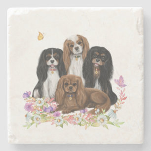 Four Cavalier King Charles Spaniels in Blume Steinuntersetzer