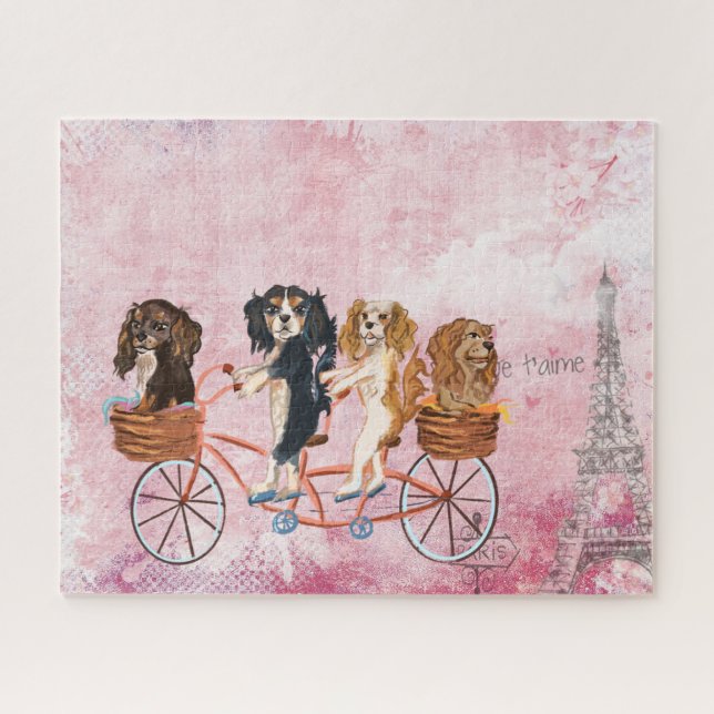 Four Cavalier King Charles Spaniels Riding a Bike (Horizontal)
