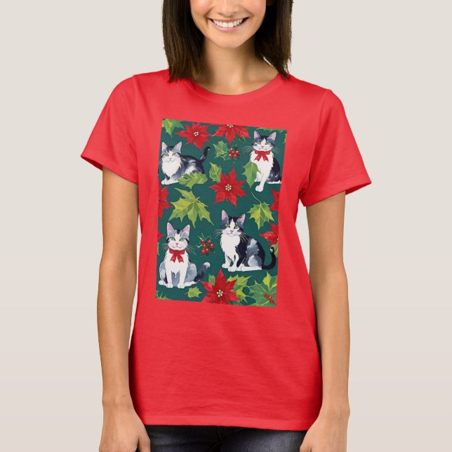 Four Christmas Cats And Poinsettias T-Shirt (Vorderseite)
