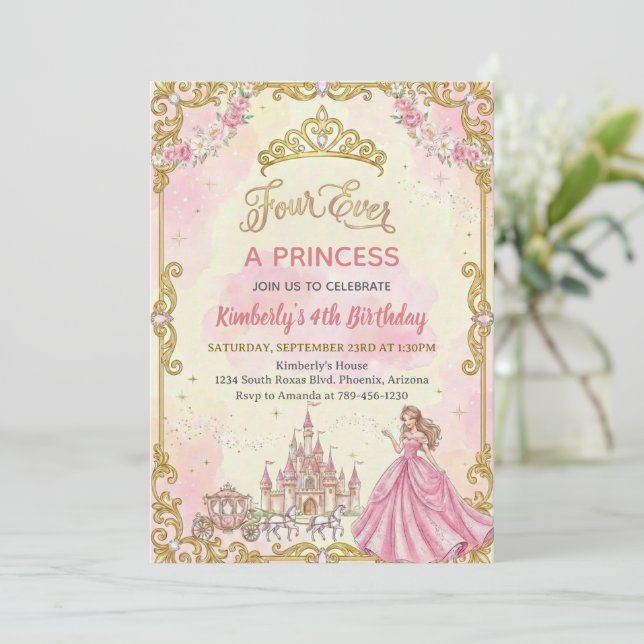 Four Ever A Princess Pink Girl 4th Birthday Party Einladung (Stehend Vorderseite)