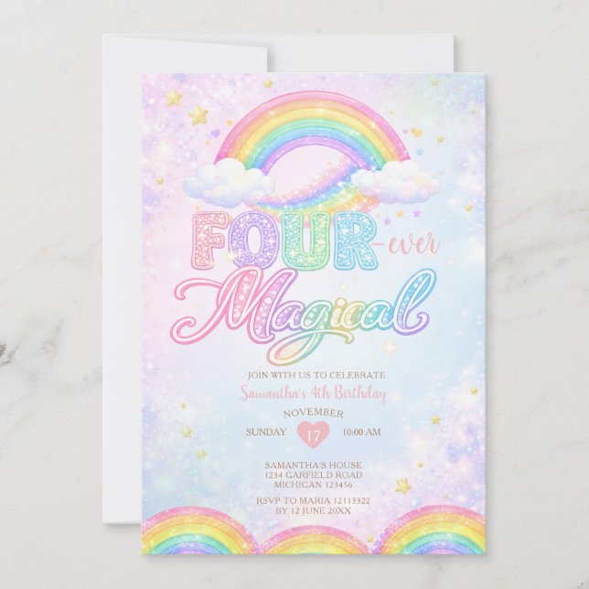 FOUR EVER Magical Rainbow 4th birthday invitation (Devant)