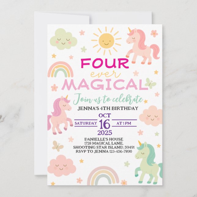 Four Ever Magique Unicorne 4e Invitation anniversa (Devant)