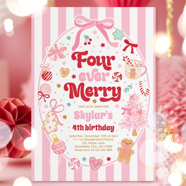 Four Ever Merry Christmas Bow 4th Birthday Einladung (Von Creator hochgeladen)