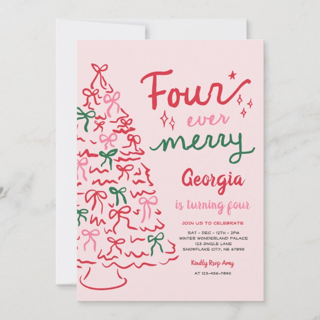 Four Ever Merry Coquette Christmas 4th Birthday Einladung (Vorderseite)