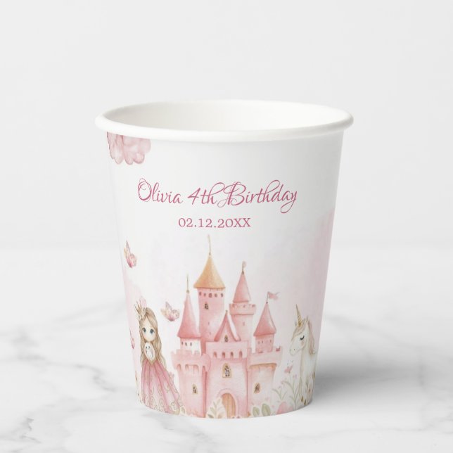 Four Ever Princess Castle Unicorn 4th Birthday Pappbecher (Vorderseite)