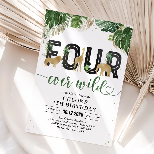 Four Ever Wild Party Animals 4th Birthday Einladung (Von Creator hochgeladen)