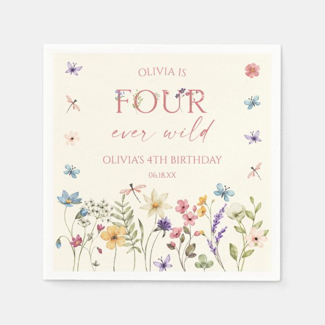 Four Ever Wild Wildflower 4th Birthday Party Serviette (Vorderseite)