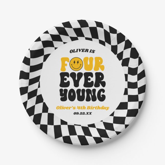 Four Ever Young Retro Fourth 4th Birthday Party Pappteller (Vorderseite)