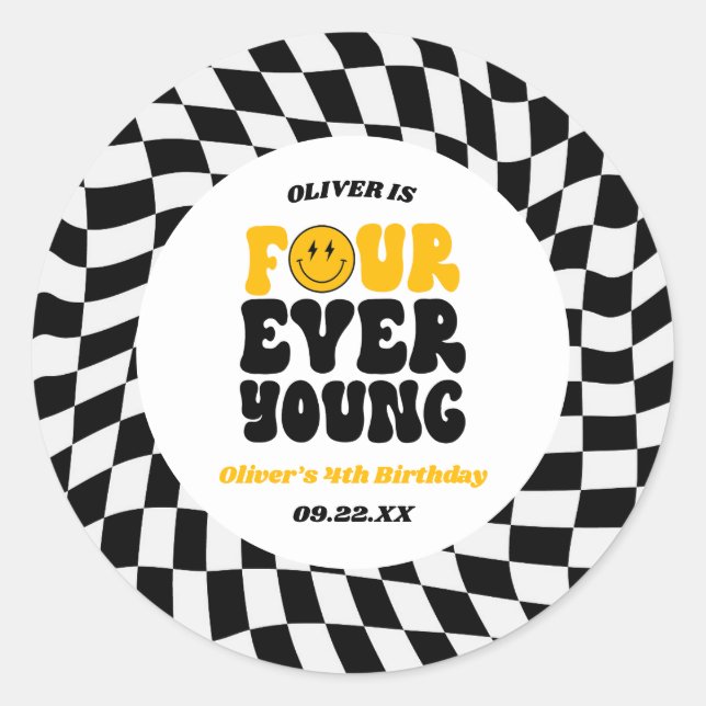 Four Ever Young Retro Fourth 4th Birthday Party Runder Aufkleber (Vorderseite)