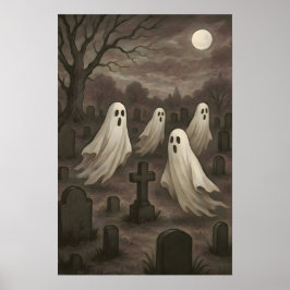 Four Ghosts Under the Full Moon in the Graveyard Poster