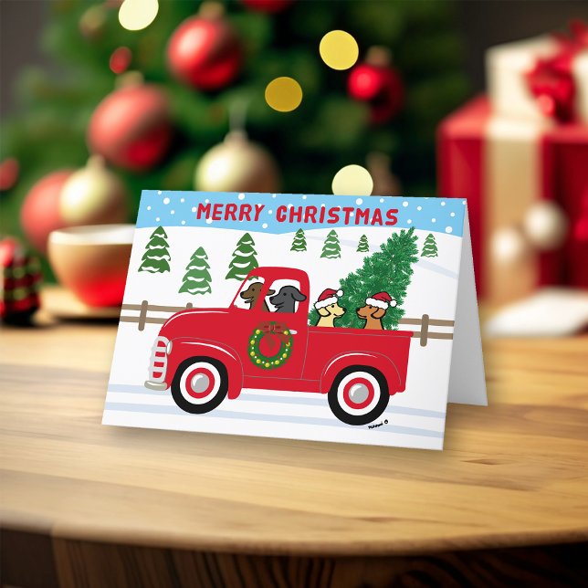 Four Labradors Red Truck Weihnachten (Four Labradors and Vintage Red Truck design Christmas Cards for Labrador Owners. Festive design.)