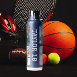 Four Photo Personalized Name Trinkflasche<br><div class="desc">Sports Jersey style font with four rounded corner photo frames. Customize to choose your font,  color,  crop or remove photos and change bottle color.</div>