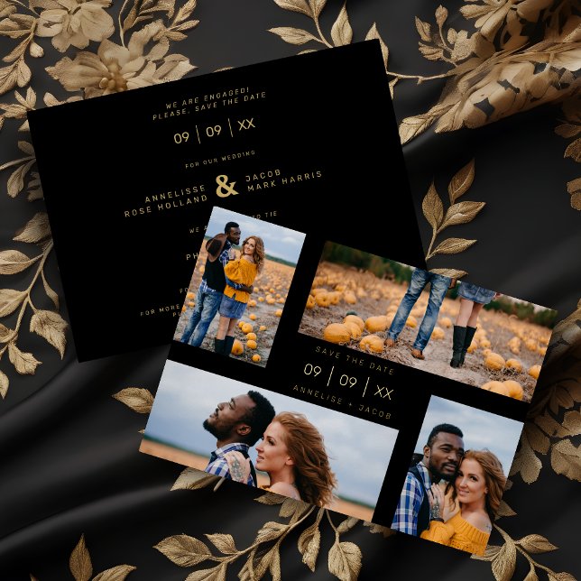 Four Photos Collage Minimalist Modern Wedding Folieneinladung (Four Photos Collage Minimalist Modern Wedding Real Metallic Foil Save the Date Card with Envelope.)