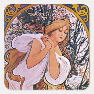 Four Seasons by Alfons Mucha Art Deco Quadratischer Aufkleber