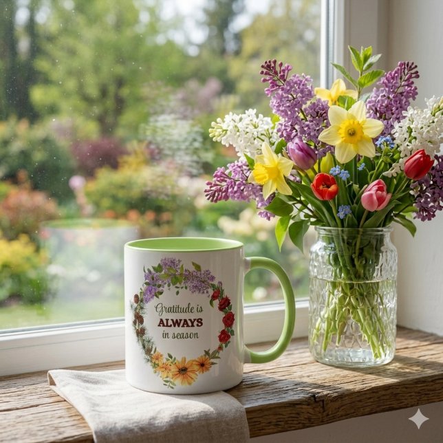 Four Seasons Floral Wreath Gratitude Quote Mug Tasse (Von Creator hochgeladen)