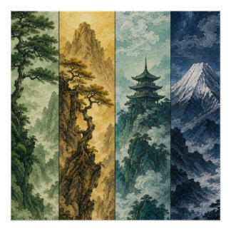 Four Seasons Mountain | Japanische Tintenlandschaf Poster