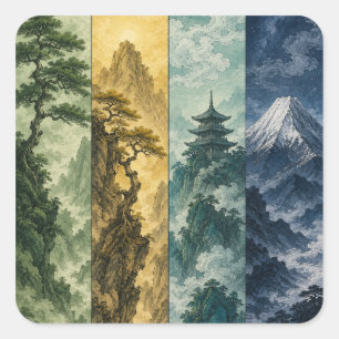 Four Seasons Mountain Japanische Tintenlandschaf Quadratischer Aufkleber