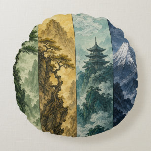Four Seasons Mountain Japanische Tintenlandschaf Rundes Kissen