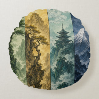 Four Seasons Mountain | Japanische Tintenlandschaf Rundes Kissen