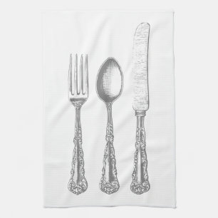Fourche, cuillère, serviette de cuisine couteau, v