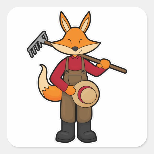 Fox als Bauer mit Rake & Hat Quadratischer Aufkleber (Vorderseite)