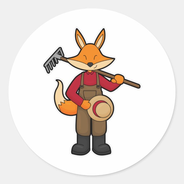 Fox als Bauer mit Rake & Hat Runder Aufkleber (Vorderseite)