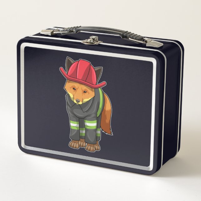 Fox als Feuerwehrmann mit Helm Metall Brotdose (Vorderseite)