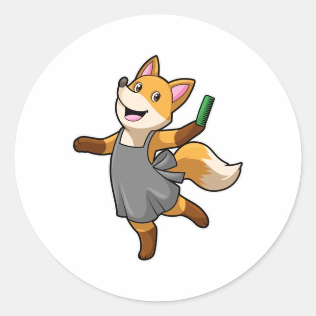 Fox als Friseur mit Schere Runder Aufkleber (Vorderseite)