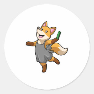 Fox als Friseur mit Schere Runder Aufkleber