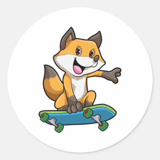 Fox als Skater mit Skateboard Runder Aufkleber (Vorderseite)