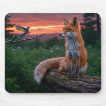 Fox and Bird bei Sonnenuntergang im Wald