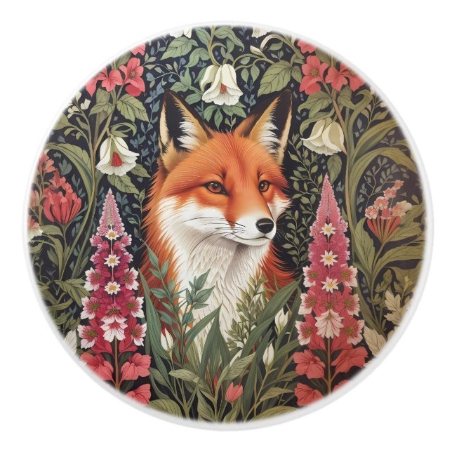 Fox and Foxglove Flowers William Morris Inspired Keramikknauf (Vorderseite)
