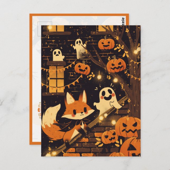 Fox and Friendly Ghosts on Halloween Night Postkarte (Vorne/Hinten)