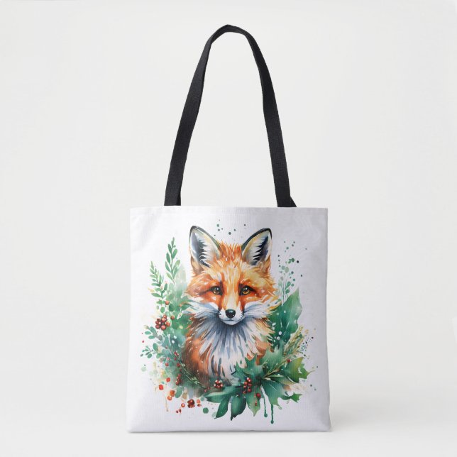 Fox and Holly with Red Berries Tasche (Vorderseite)