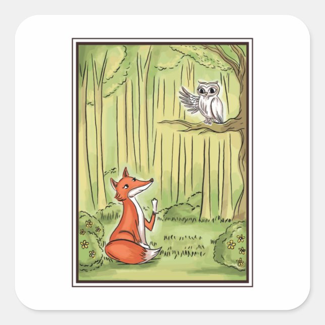 Fox and Owl in einem Wald Quadratischer Aufkleber (Vorderseite)