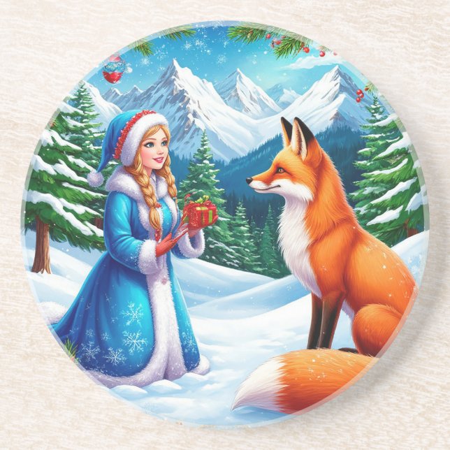 Fox and Snow Maiden in Winterwaldlandschaft Getränkeuntersetzer (Vorne)
