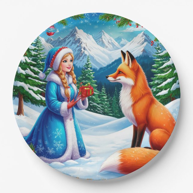 Fox and Snow Maiden in Winterwaldlandschaft Pappteller (Vorderseite)