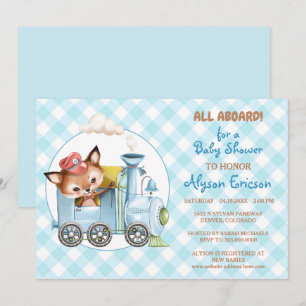 Fox and Train Gingham Blue Baby Shower Einladung
