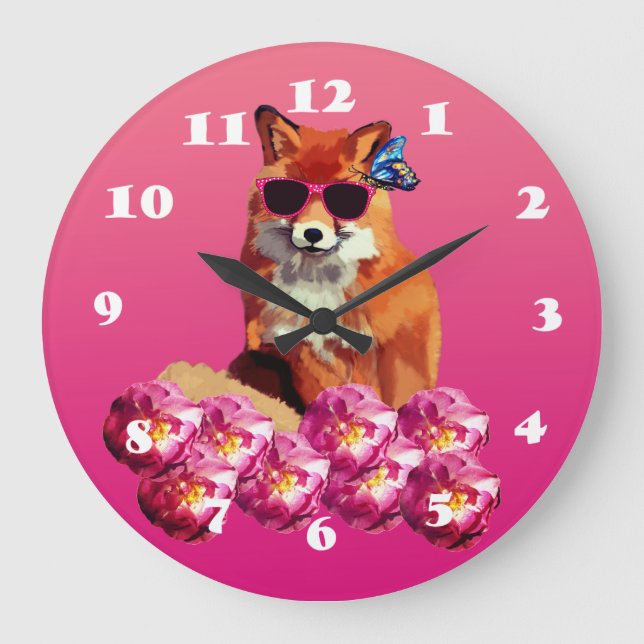 Fox Art, Pink Wall Clock Große Wanduhr (Vorderseite)
