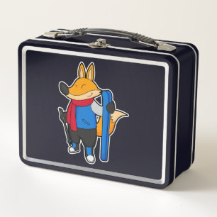 Fox as Skier mit Ski Metall Brotdose