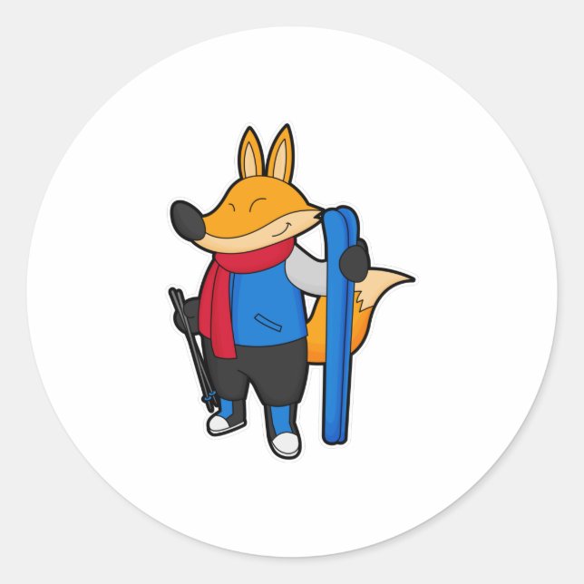 Fox as Skier mit Ski Runder Aufkleber (Vorderseite)